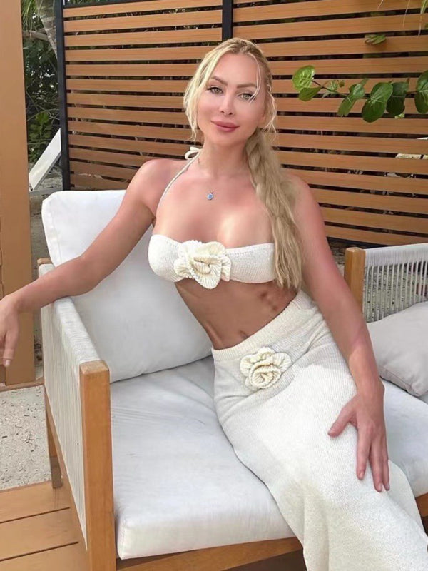 Strapless knitted hollow flower high waist skirt set