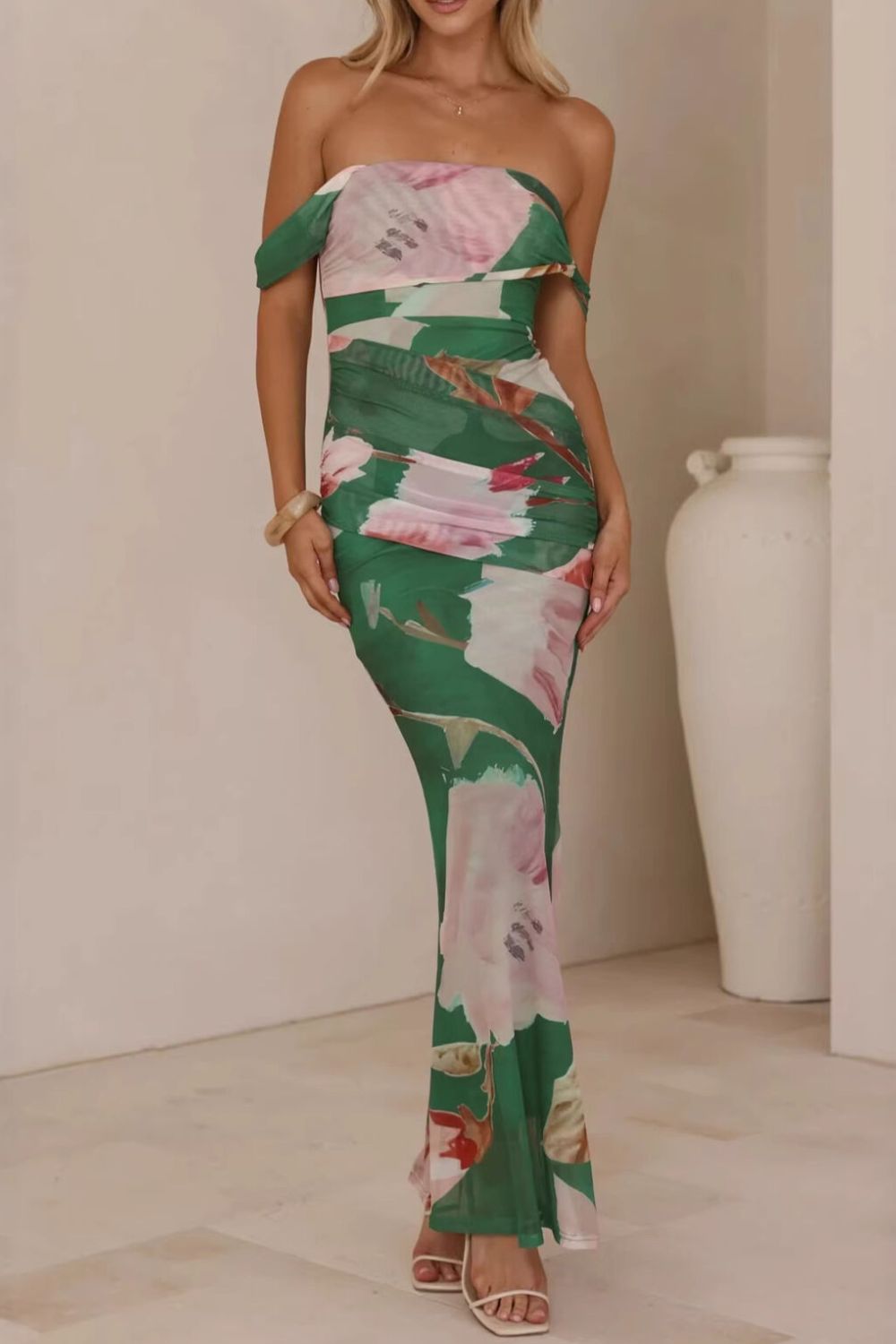 Floral Print One-Shoulder Ruched Maxi Dress