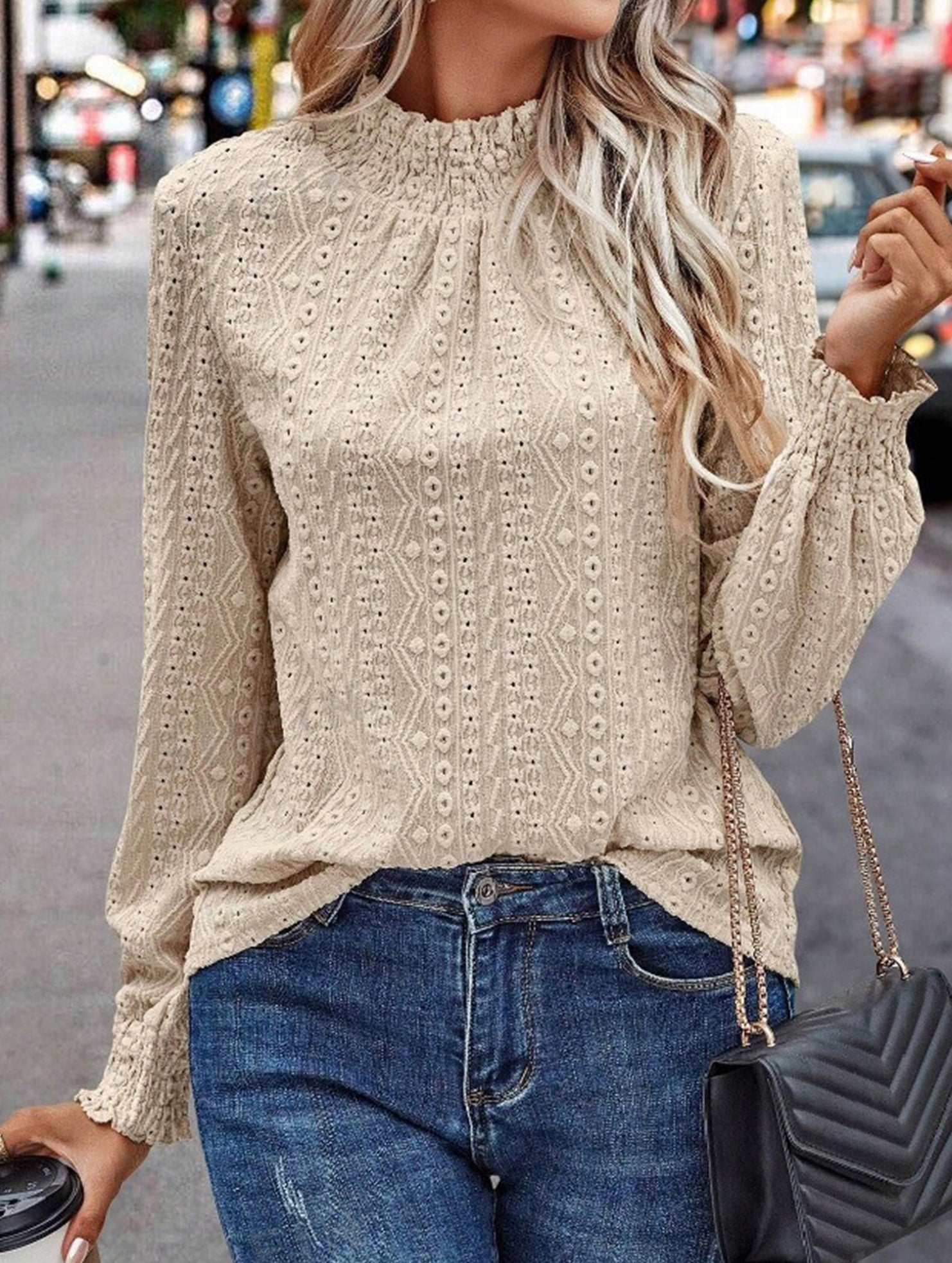 Jacquard Crew Neck Long Sleeve Tee_CWTTL01230