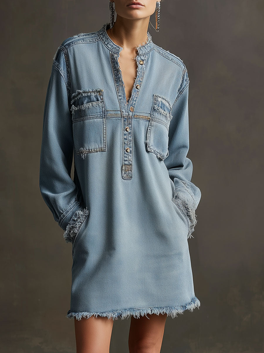 Casual Retro Light Blue Denim Frayed Long-sleeved Mini Dress