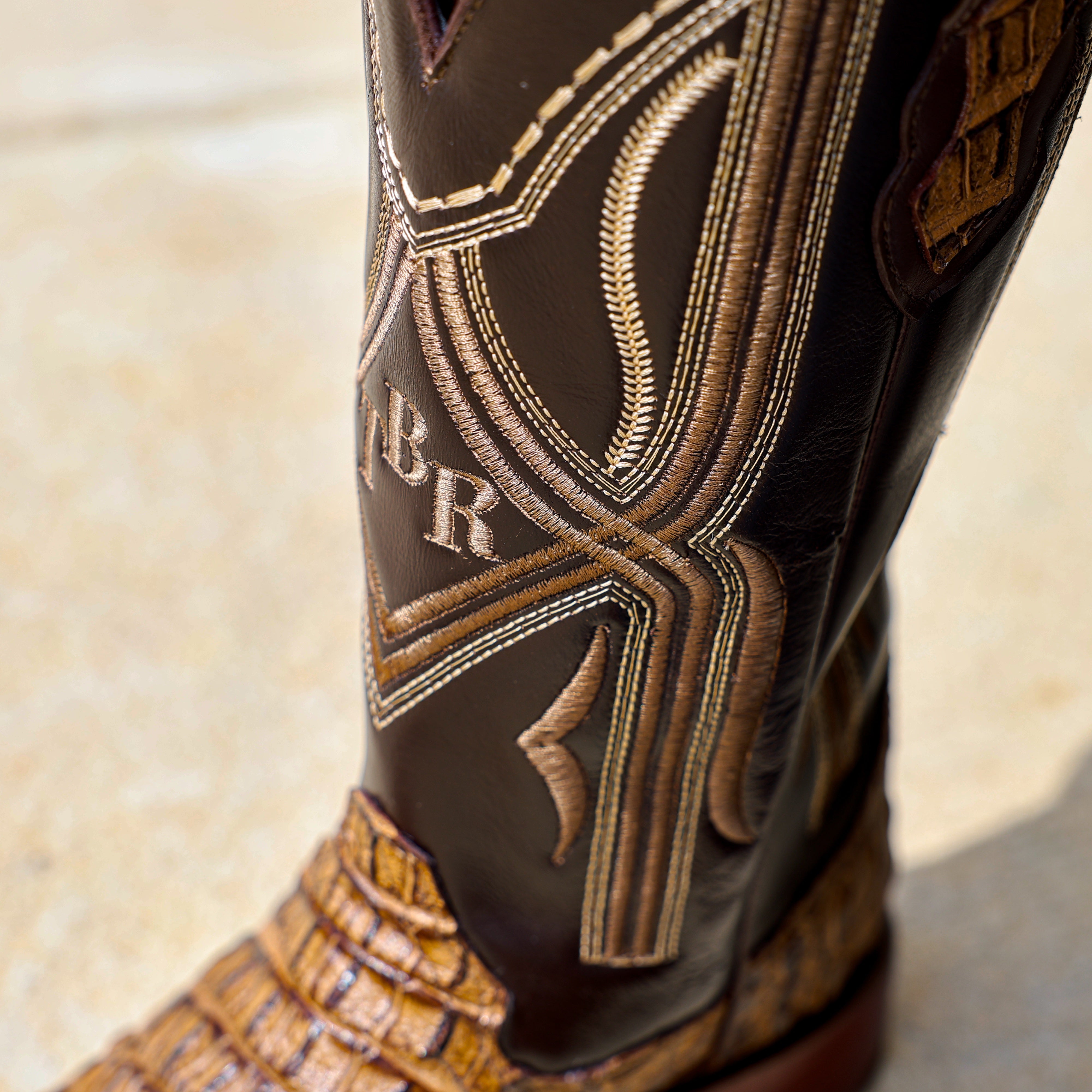 Honey Caiman Neck Leather Boots - Square Toe