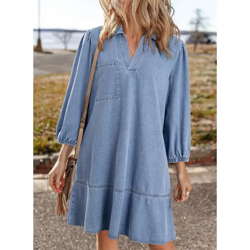 V Neck 3/4 Puff Sleeve Jean Dresses