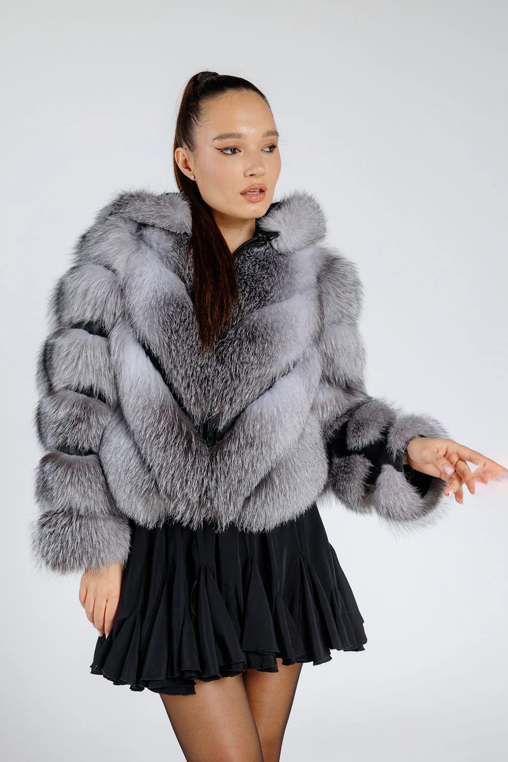 Haină din Blană Naturală de Vulpe Argintie, Transformabilă, V Model, cu Glugă Detașabilă, Femei, Grey Frost 379