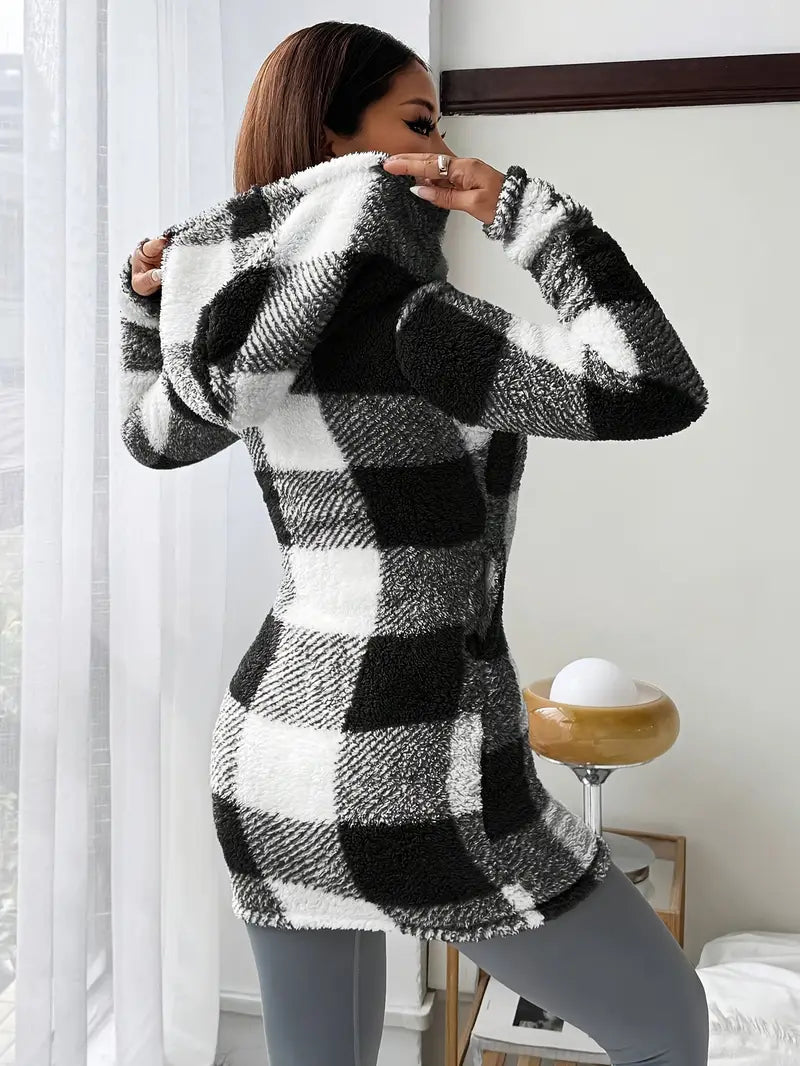 Women's Plaid Fleece Long Sleeve Hooded Coat, Casual Style, Moderate Fabric Thickness, All Seasons Wear, Comfortable Fit