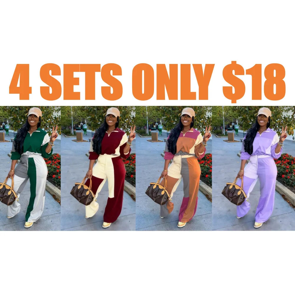 2-piece Set Women's Colorblock Zip Up Jacket & Wide Leg Pants