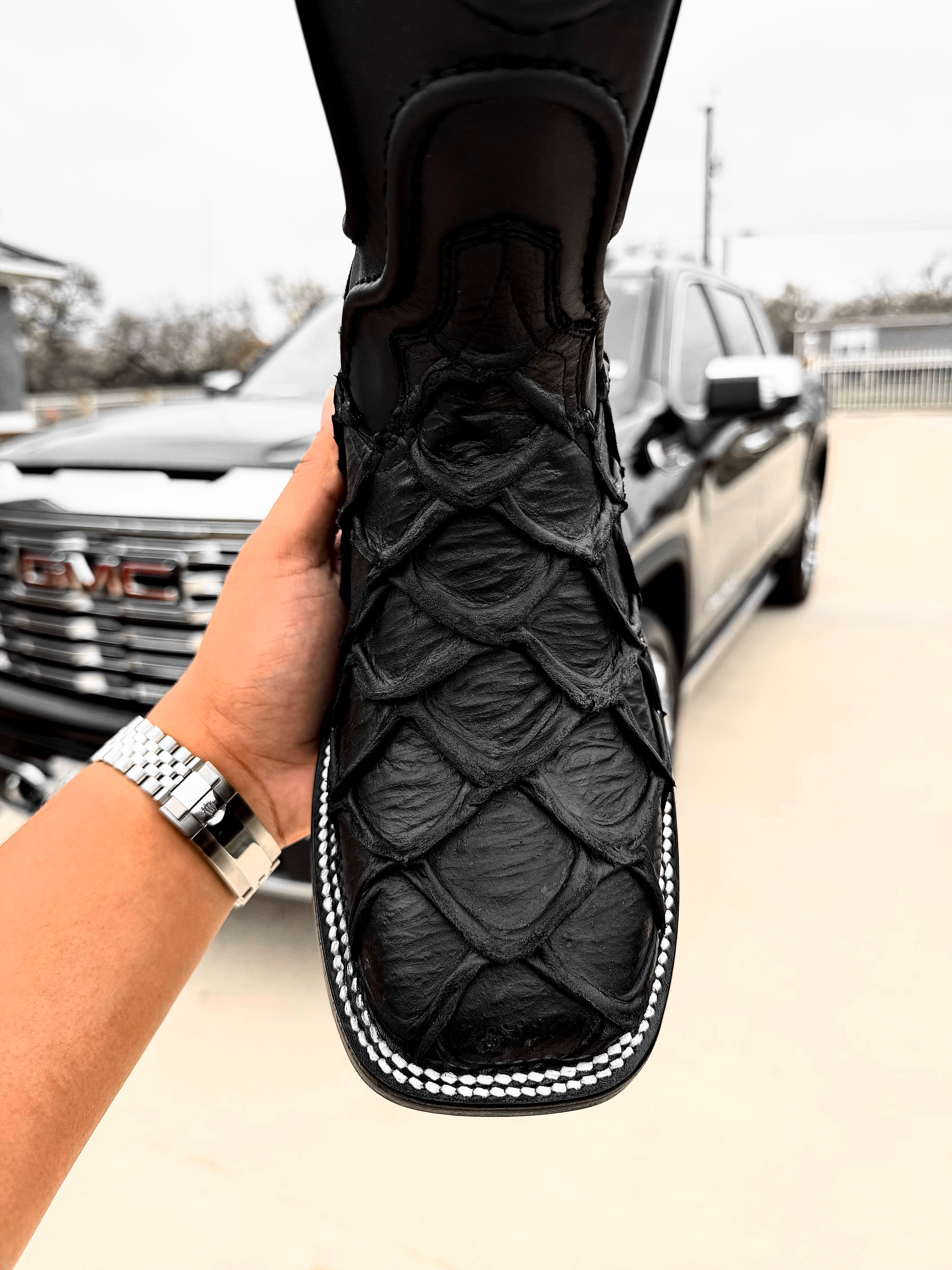 Matte Black Pirarucu Leather Boots - Square Toe