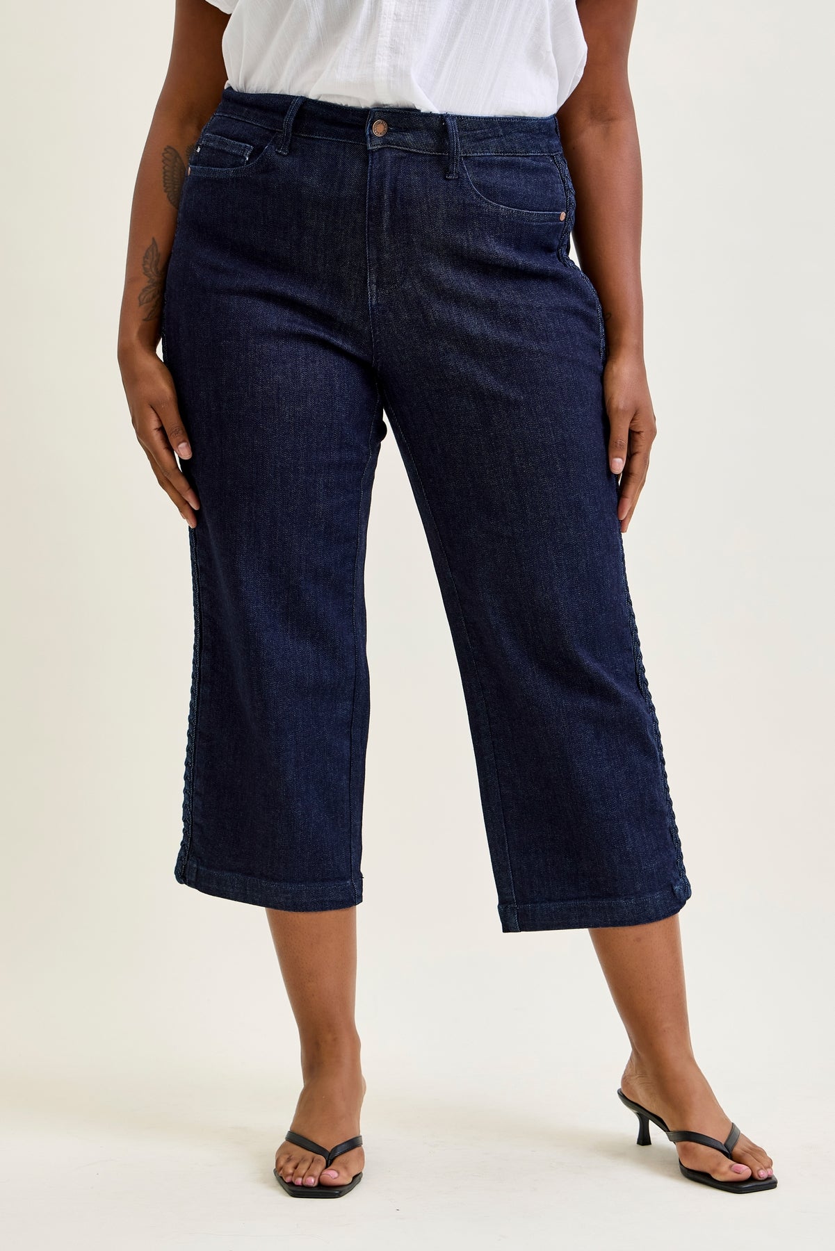 Dottie Side Seam Braid Cropped Wide Leg Jeans - PLUS