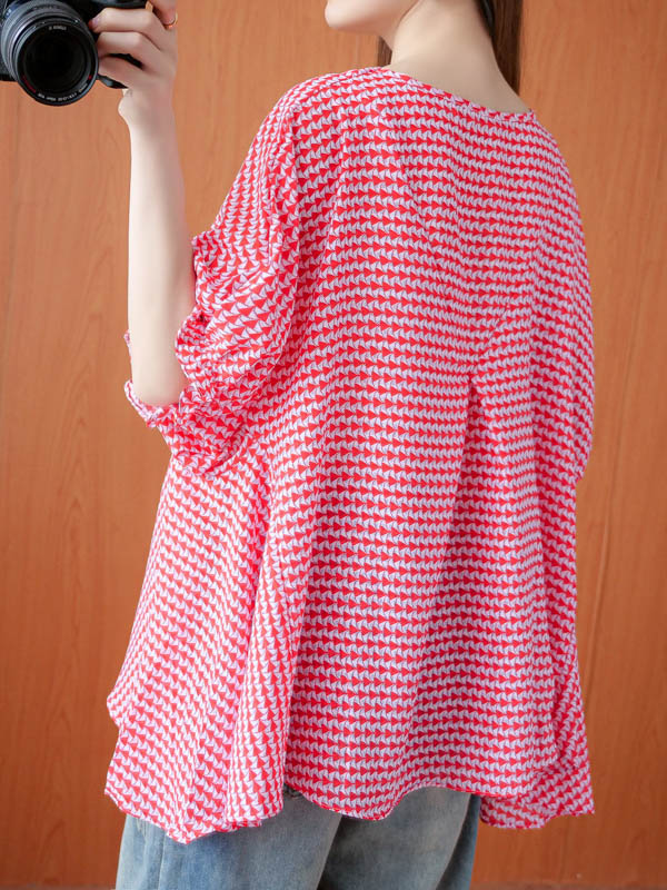 Casual Split-Joint Plaid Round-Neck Batwing Sleeves T-Shirts