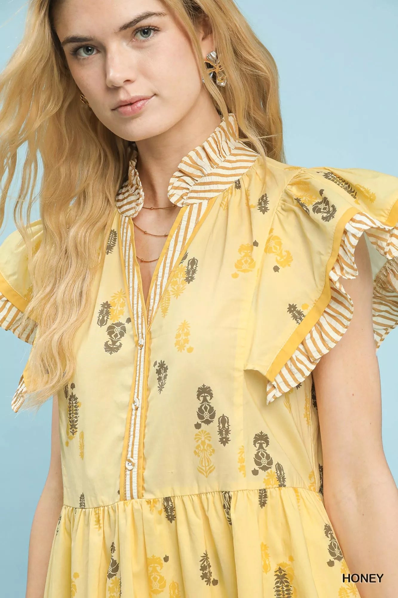 Umgee Floral Ruffle Sleeve Tiered Midi Dress