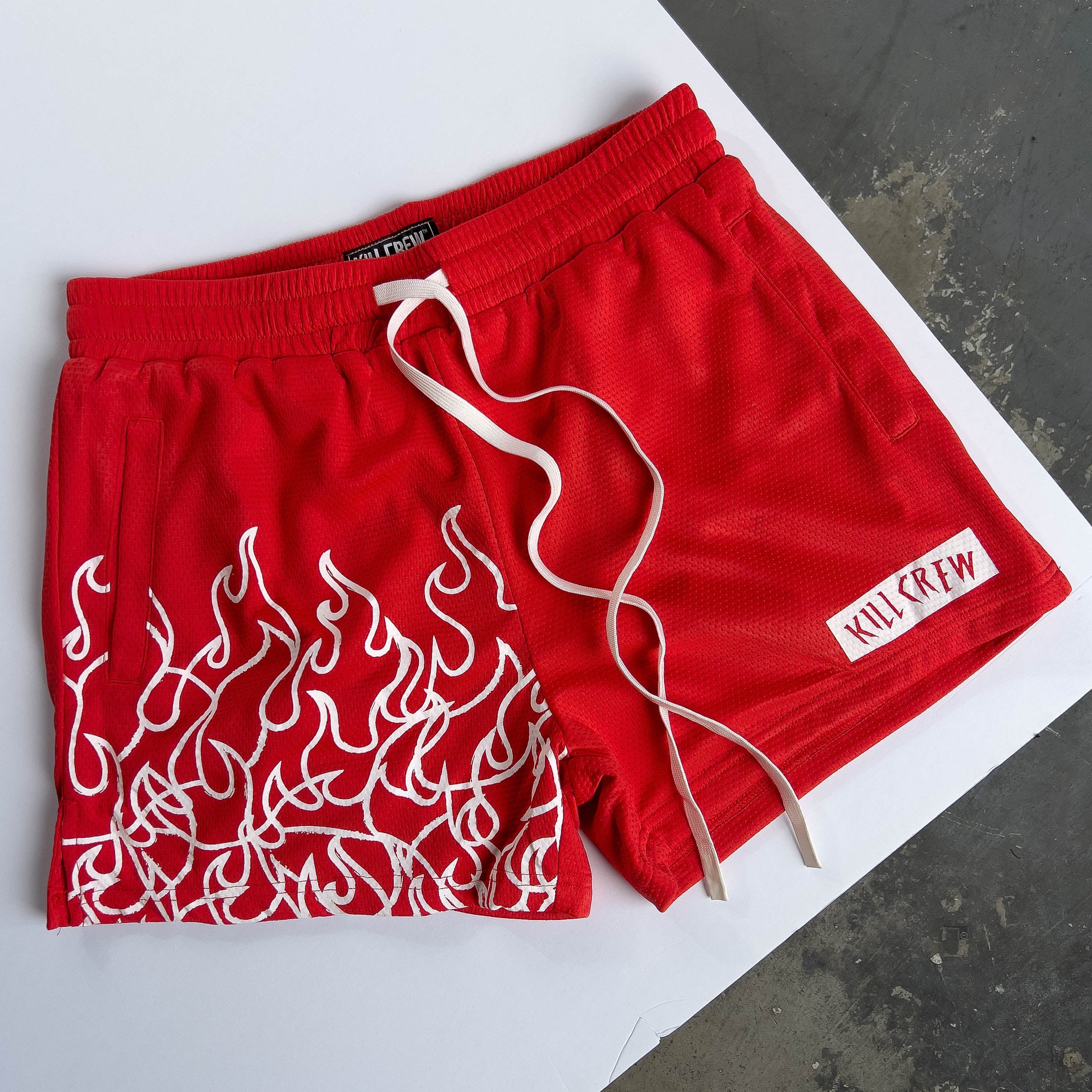 MUAY THAI FLAME SHORTS (MID THIGH CUT) - RED / WHITE