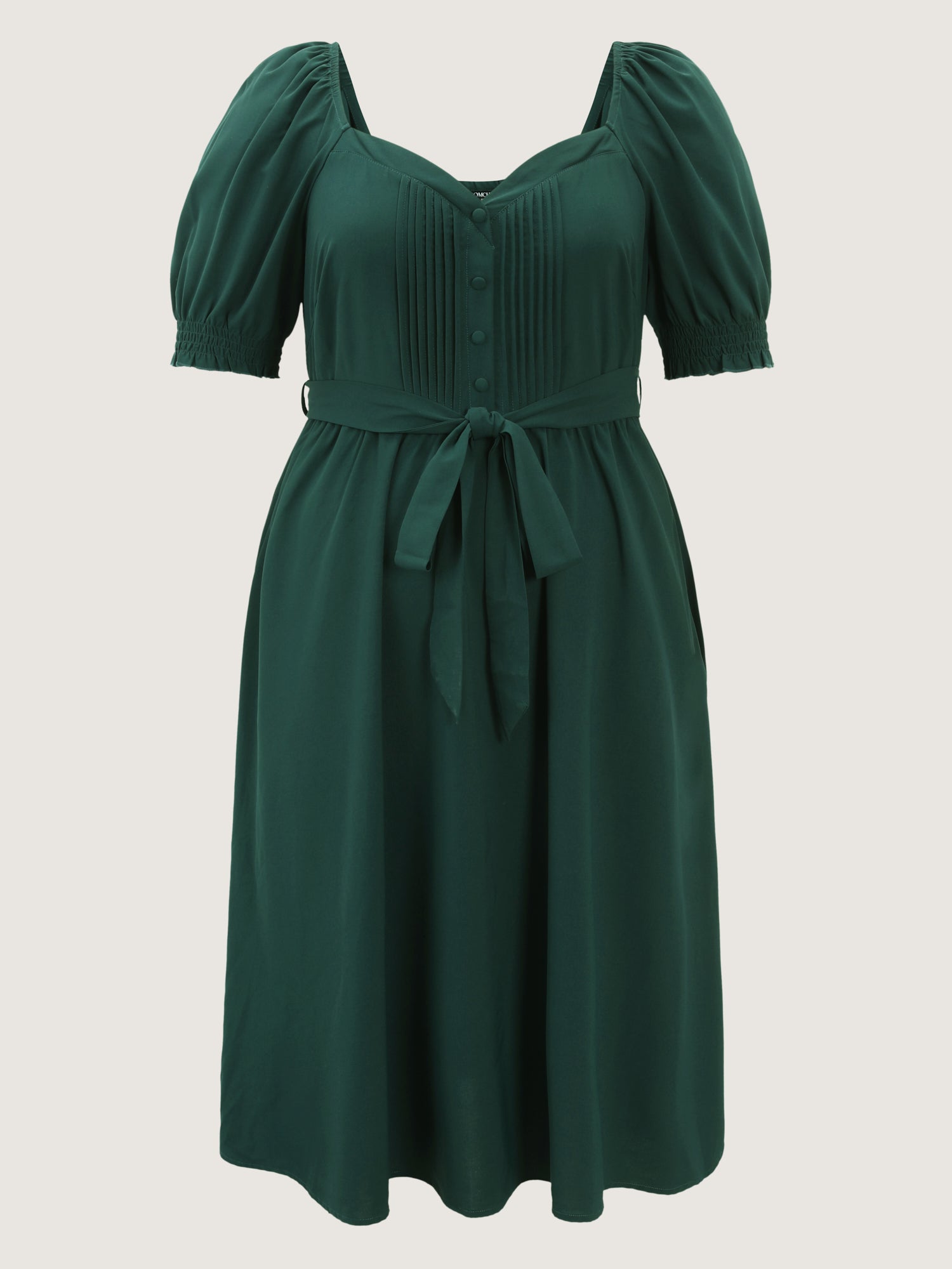 Plicated Detail Sweetheart Neck Pockets Belted Midi Dress