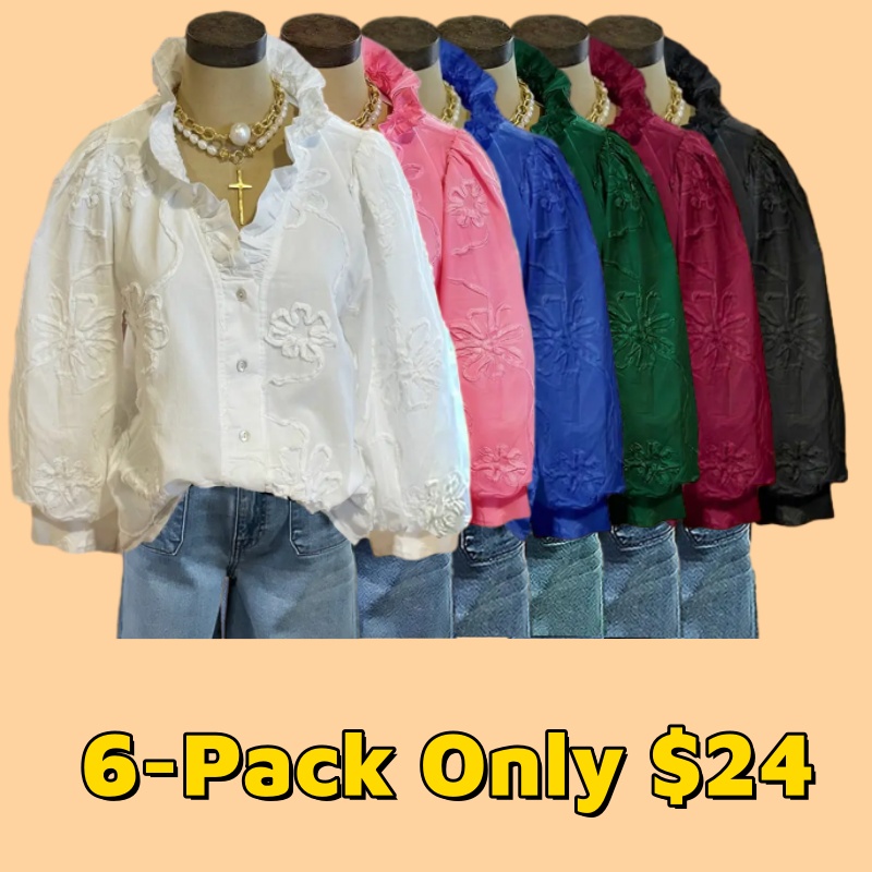 Cherrybetty 100%Cotton Elegant Embroidered Flower Ruffle Neck Puff Sleeve Cotton Top Women Casual Style Vintage Blouse Cute Fall Outfits for Womenswear