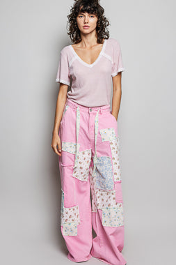 POL Lace Detail V-Neck Short Sleeve Textured T-Shirt