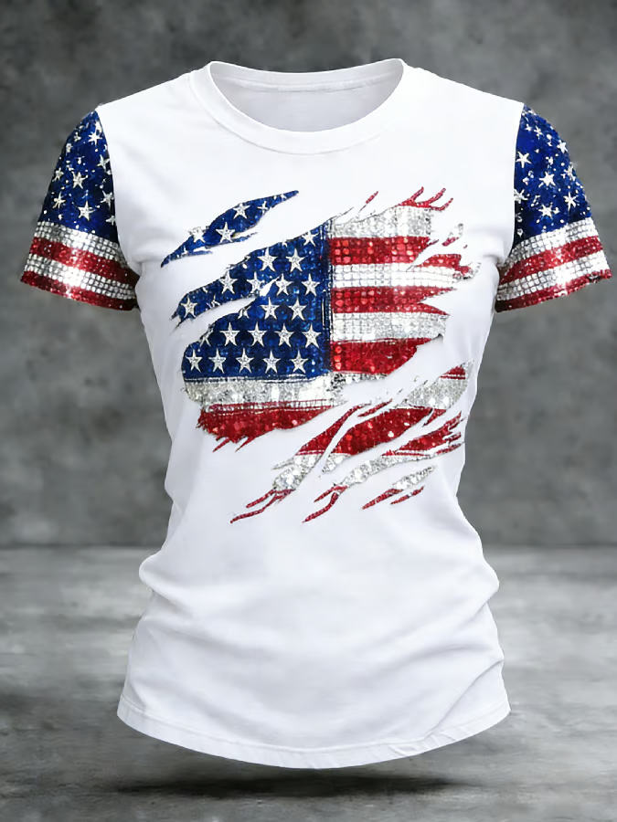 Ladies' 250Th Anniversary Commemorative Printed Round Neck Short Sleeve T-Shirt For American Independence Day