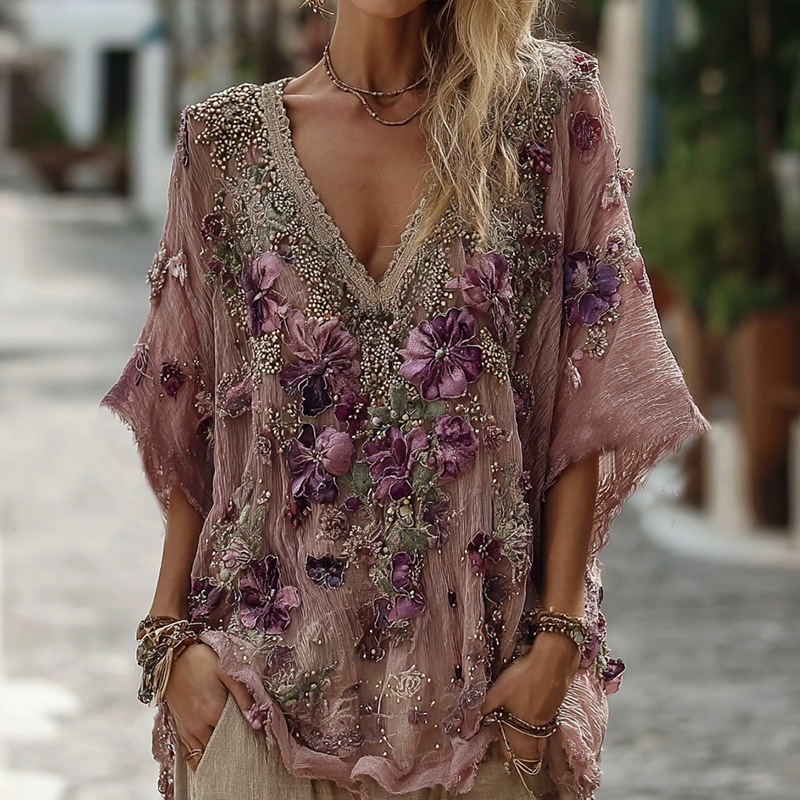 Women's Pansy Embroidered Sequined Short Sleeve T-shirt