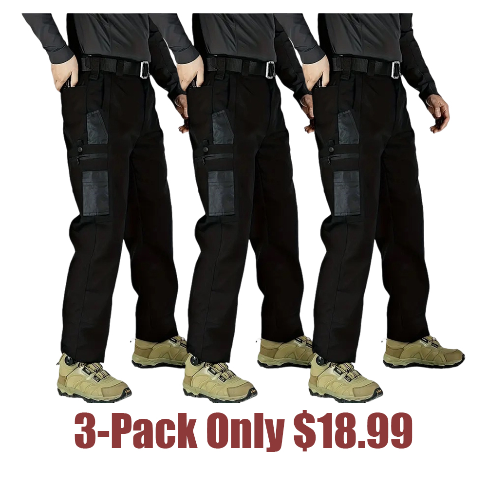 Men's Solid Color Tactical Work Pants with Multiple Pockets and Zipper Closures, Durable Outdoor Training Pants
