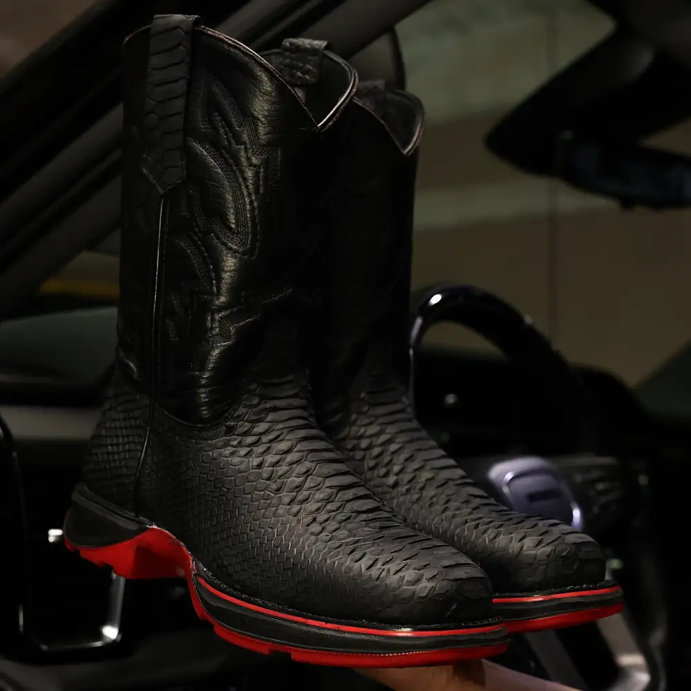 Matte Black Python Leather Boots With 3D Lightweight Sole