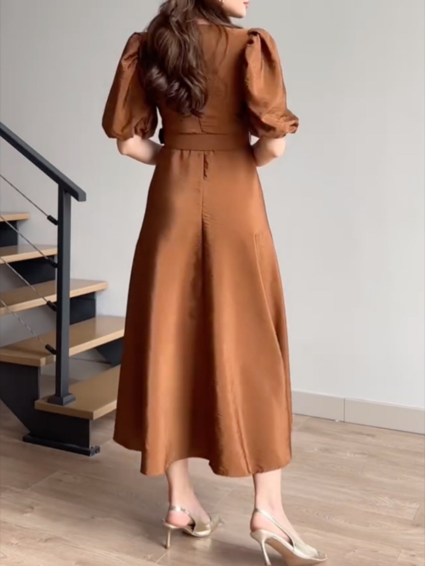 Belted Puff Sleeve Midi Dress