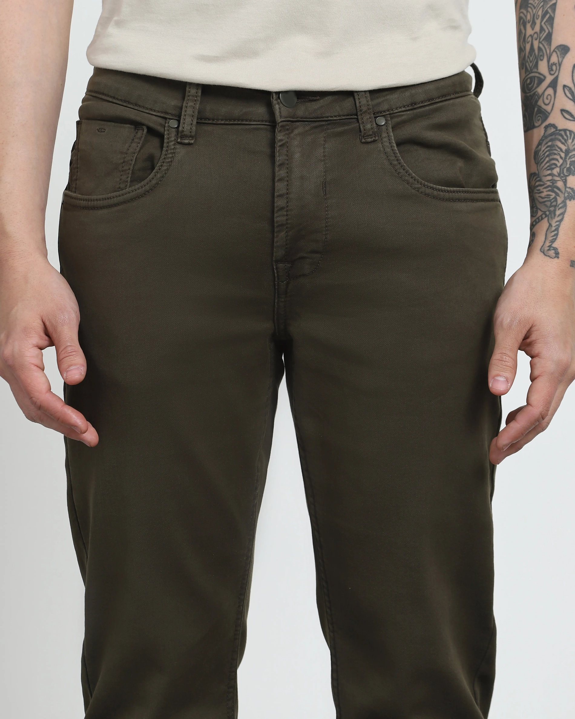 Classic Versatile And Comfortable Straight Dark Olive Jeans