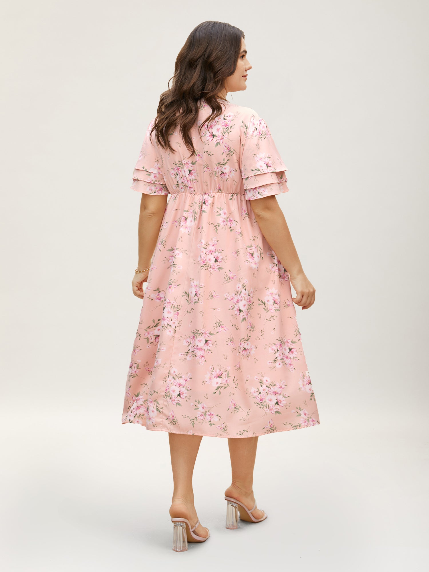 Floral Elastic Waist Tiered Ruffle Sleeve Dress