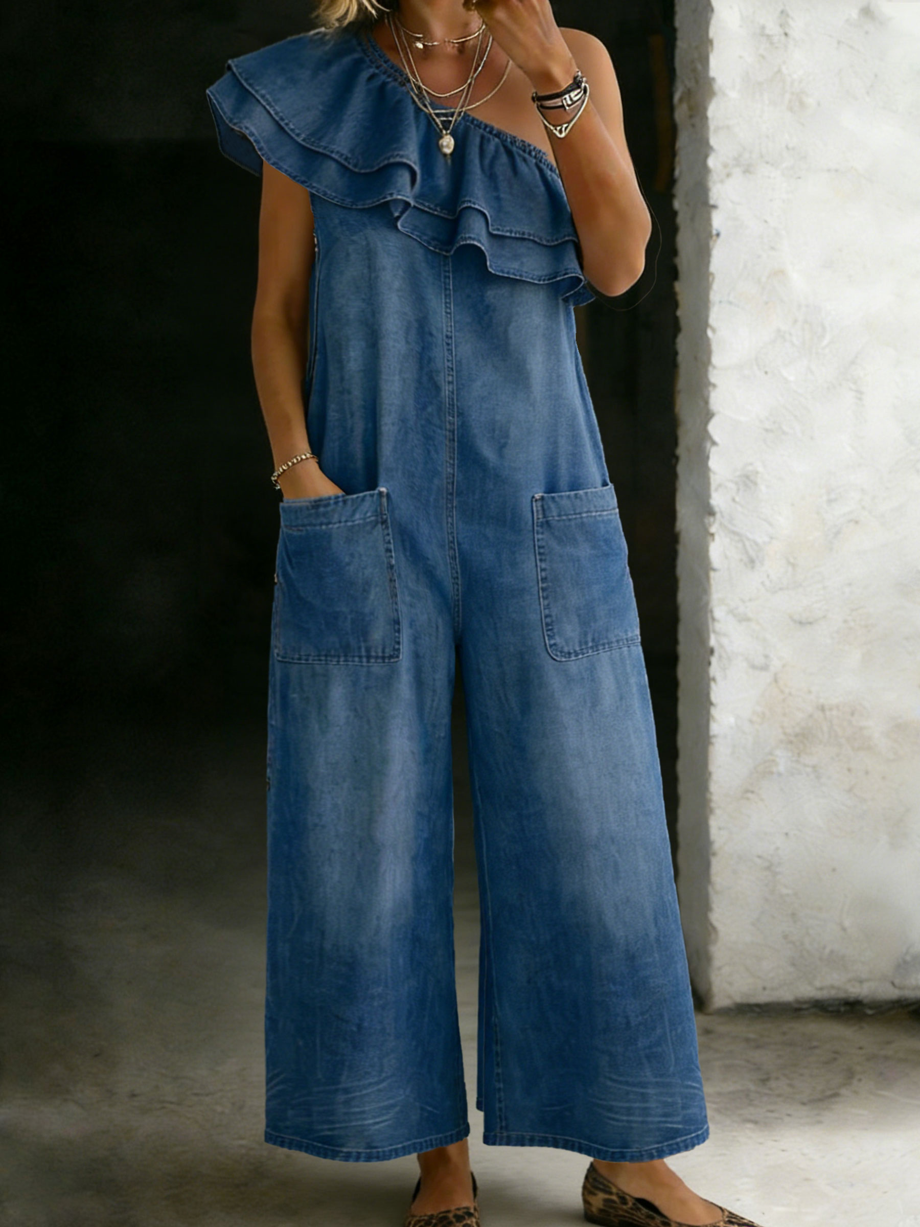 Women’s Chic One Shoulder Cotton One Piece Denim Jumpsuit