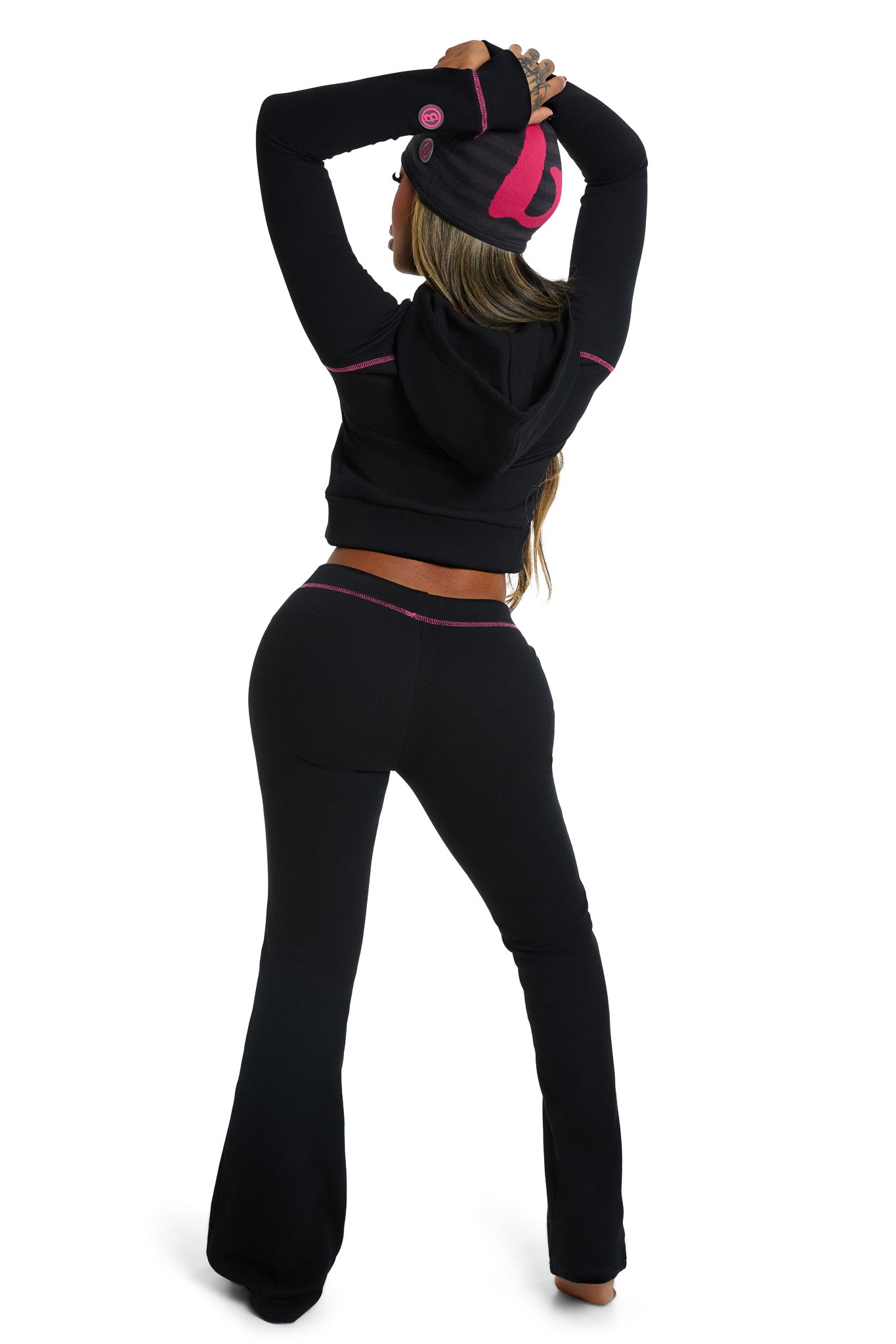 WAFFLE KNIT BOOT CUT PANTS (BLACK/PINK)