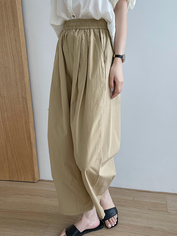 Elasticity Pleated Solid Color Split-Joint High Waisted Loose Trousers Pants