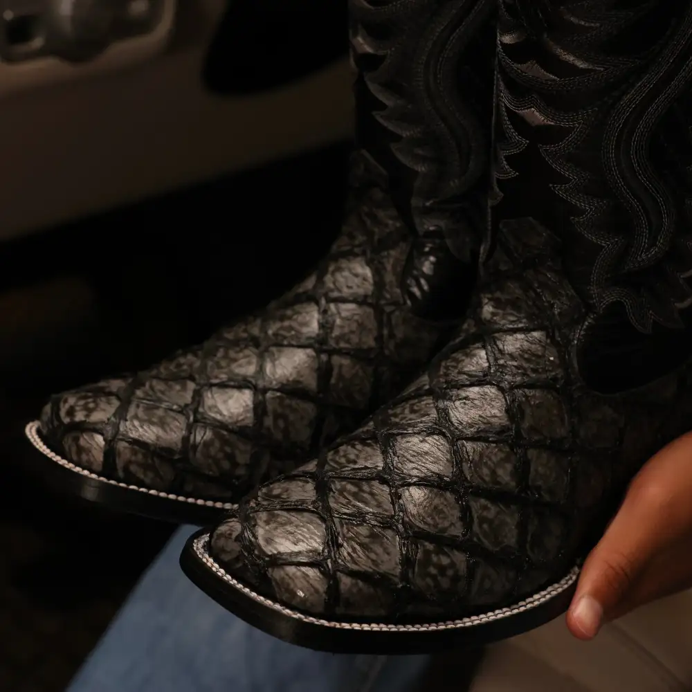 Midnight Grey Pirarucu Leather Boots - Square Toe