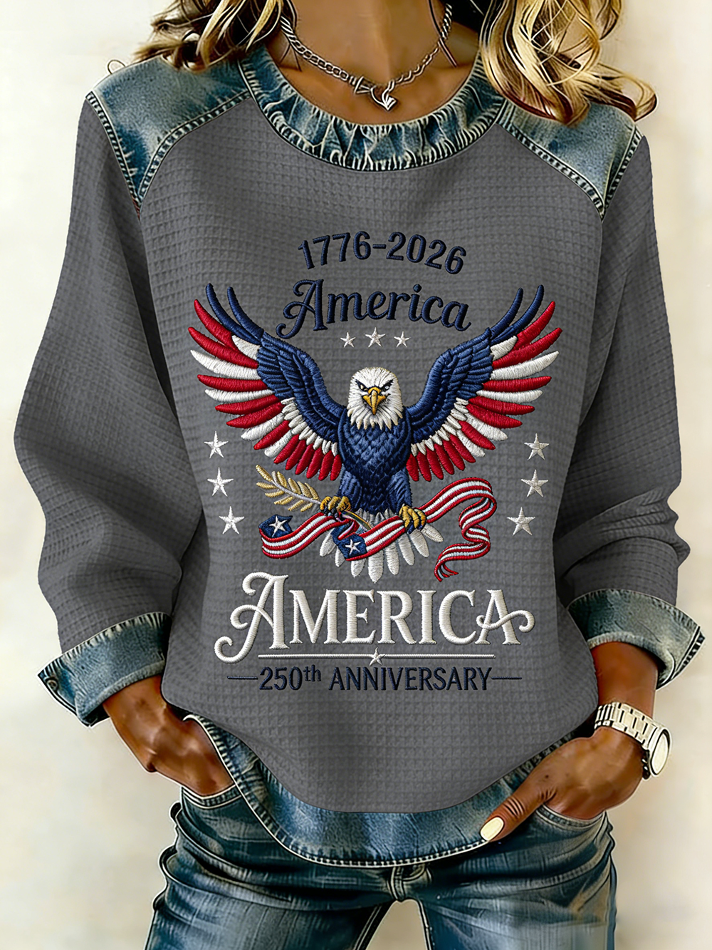 America 250th Anniversary Eagle Embroidered Waffle Knit Top