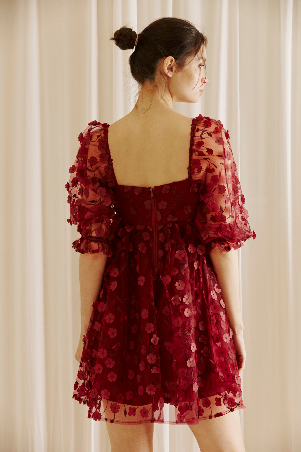 Adelina Burgundy 3D Floral Embroidered Dress