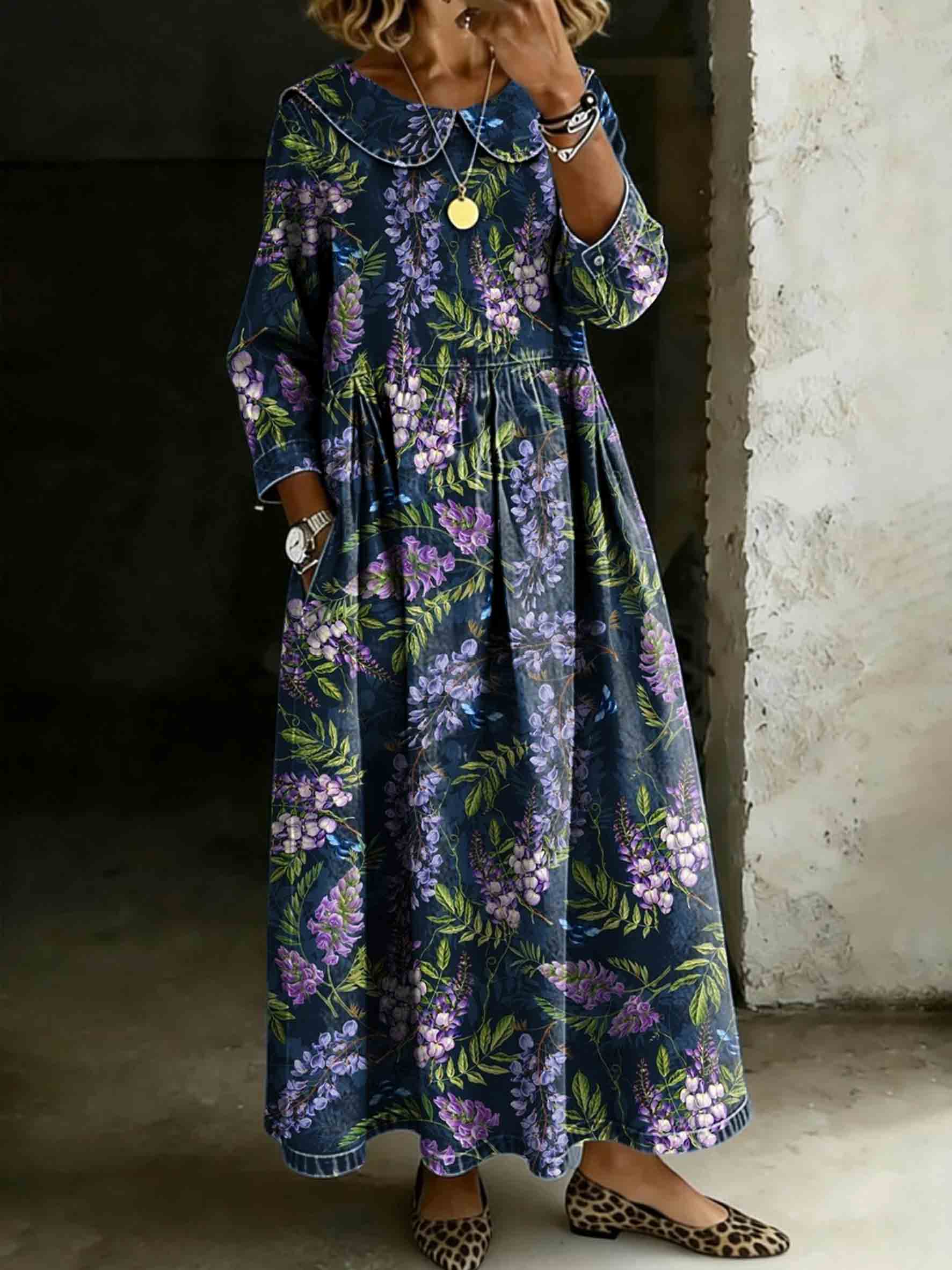 Women's Vintage Lavender Floral Print Lapel Collar Pleated Long Sleeve Casual Loose Denim Dress