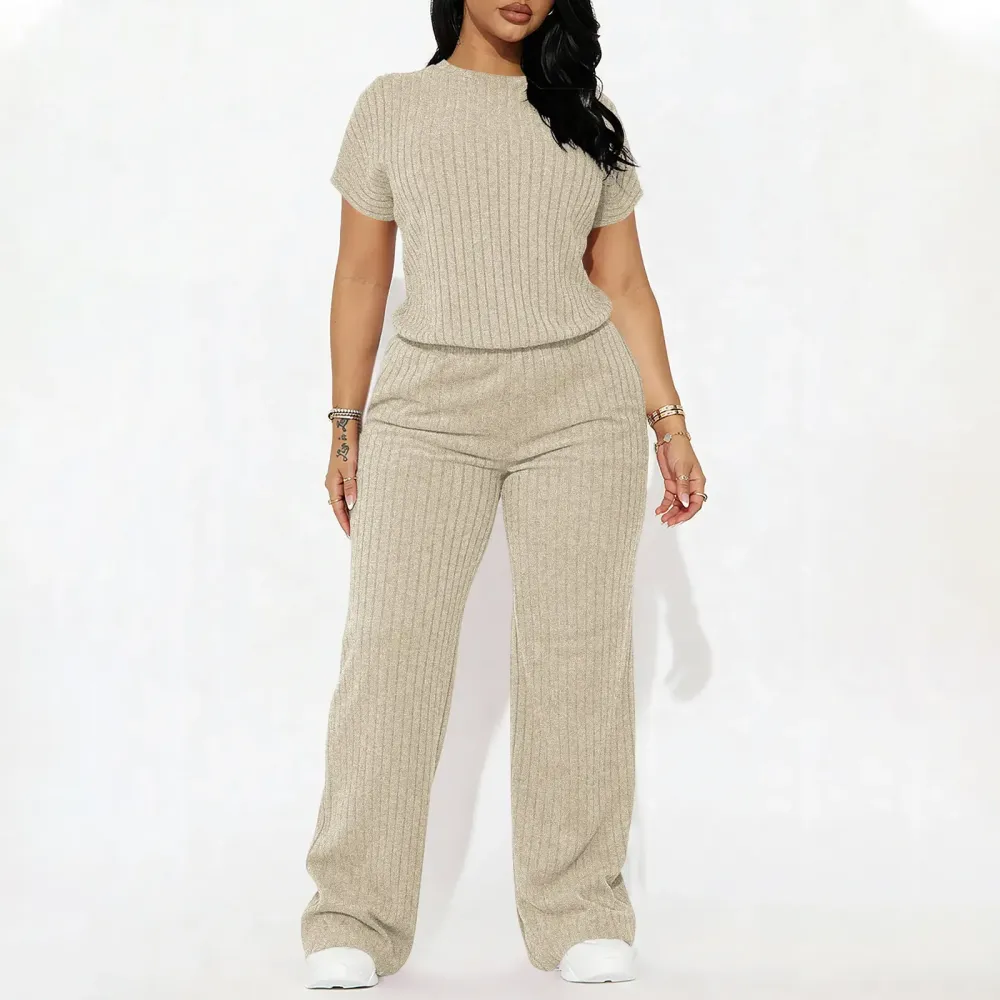 Women's Solid Shortsleeve Crewneck Ribbed Top & Wide Leg Pants Minimalist Casual Fitted
