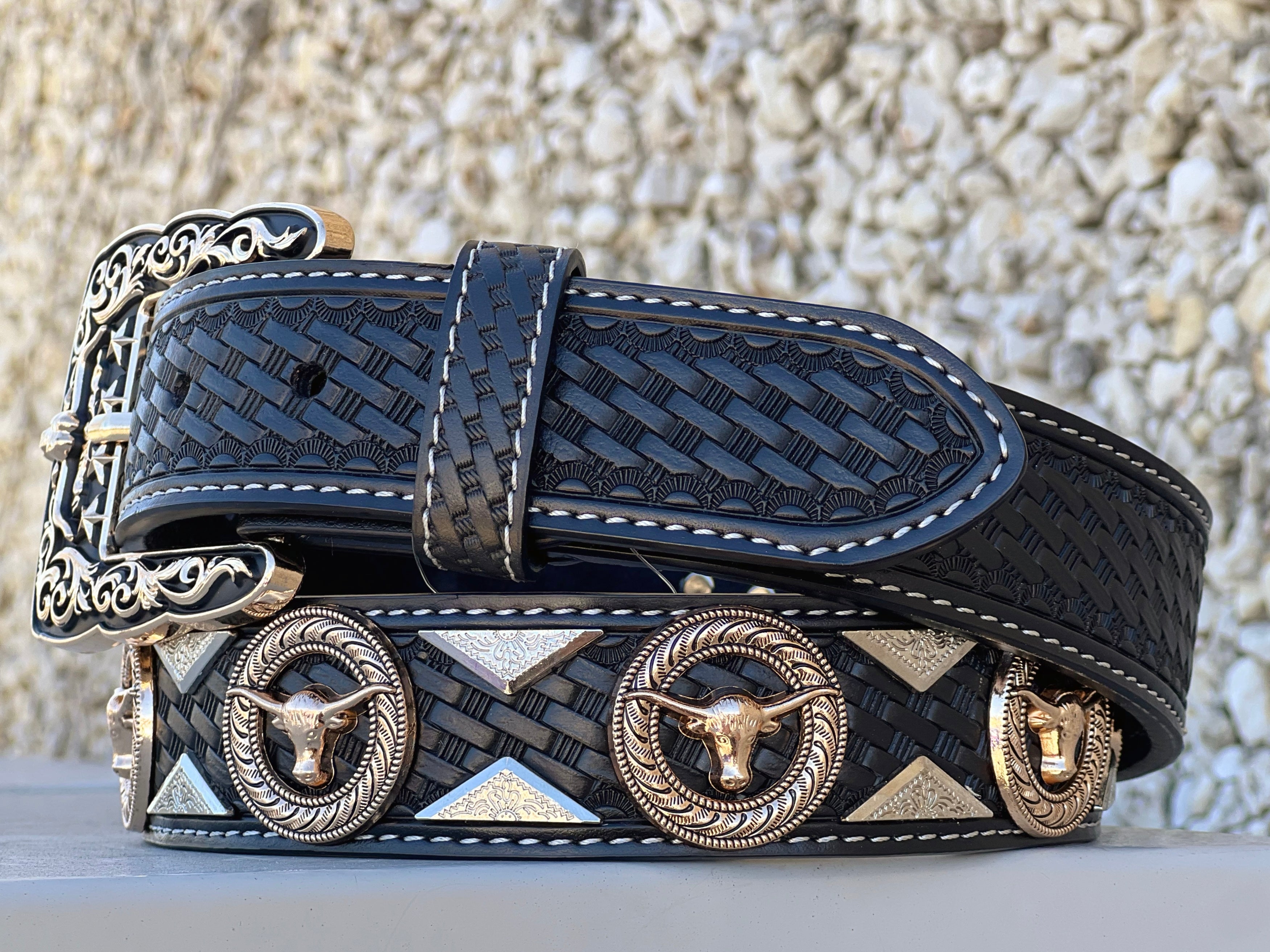 Men’s Black Leather Belt With Longhorn Concho