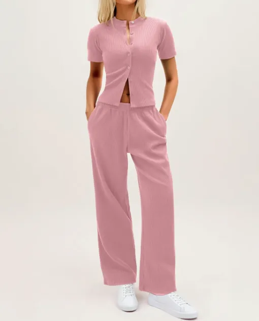 Chic Women's Button-Up Top & Wide Leg Trouser Set – Casual & Comfy!