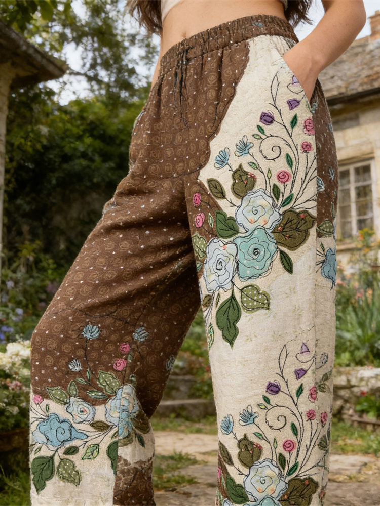 Vintage Boho Floral Patchwork Pattern Women's Linen Trousers