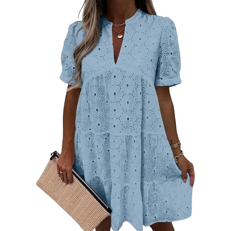 💖Wenrine Women’s Summer Lace Dresses Eyelet Casual Flowy Babydoll Swing Short Sleeve V Neck Tunic Dress