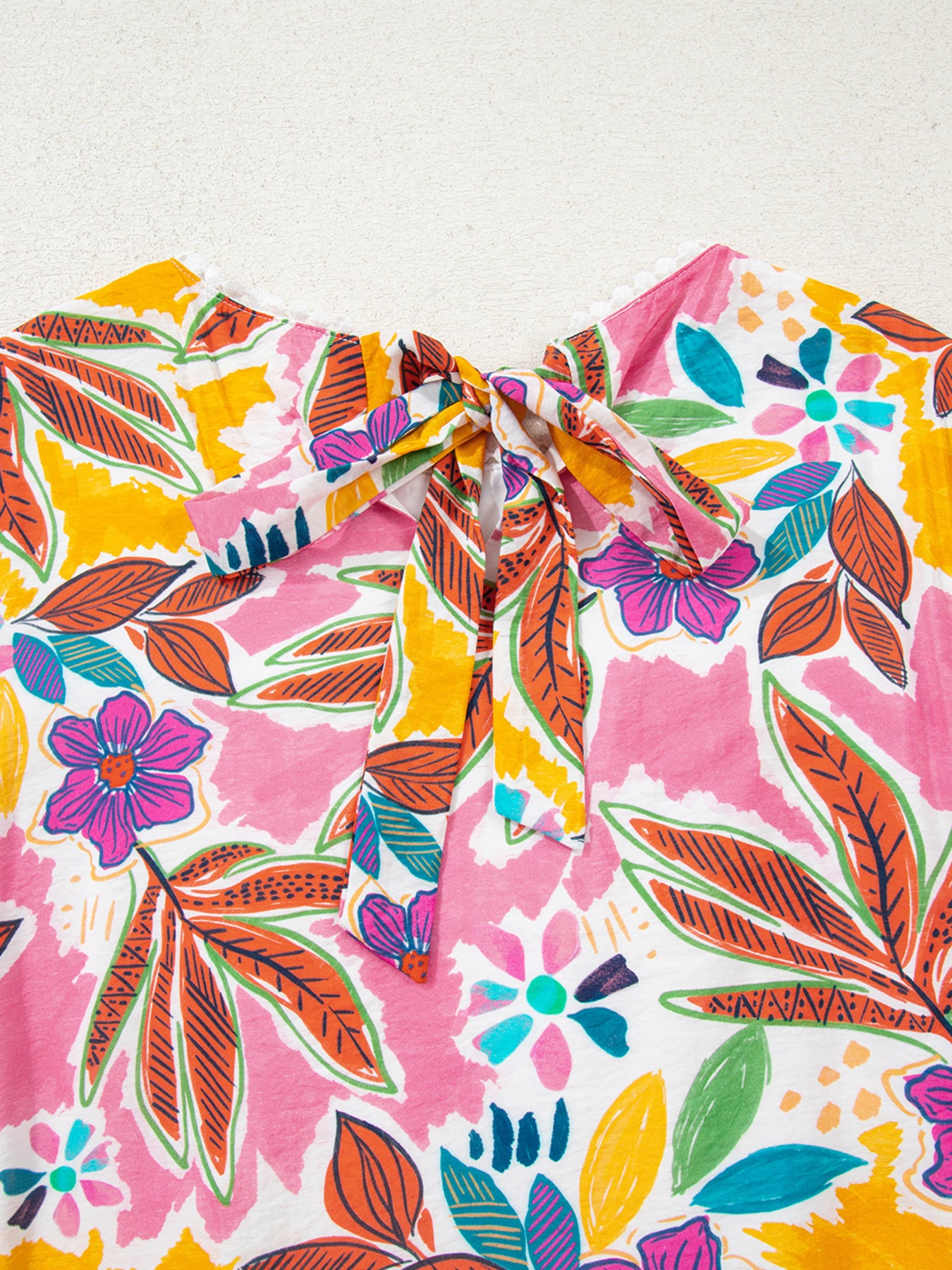 Floral Print Lace Trimmed Tie Back Bell Sleeve Swing Mini Dress