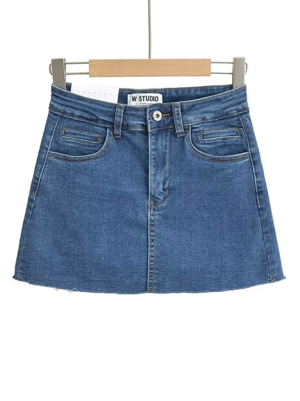 High-Waist Elastic Slim-Fit Distressed Edge A-Line Denim Mini Skirt