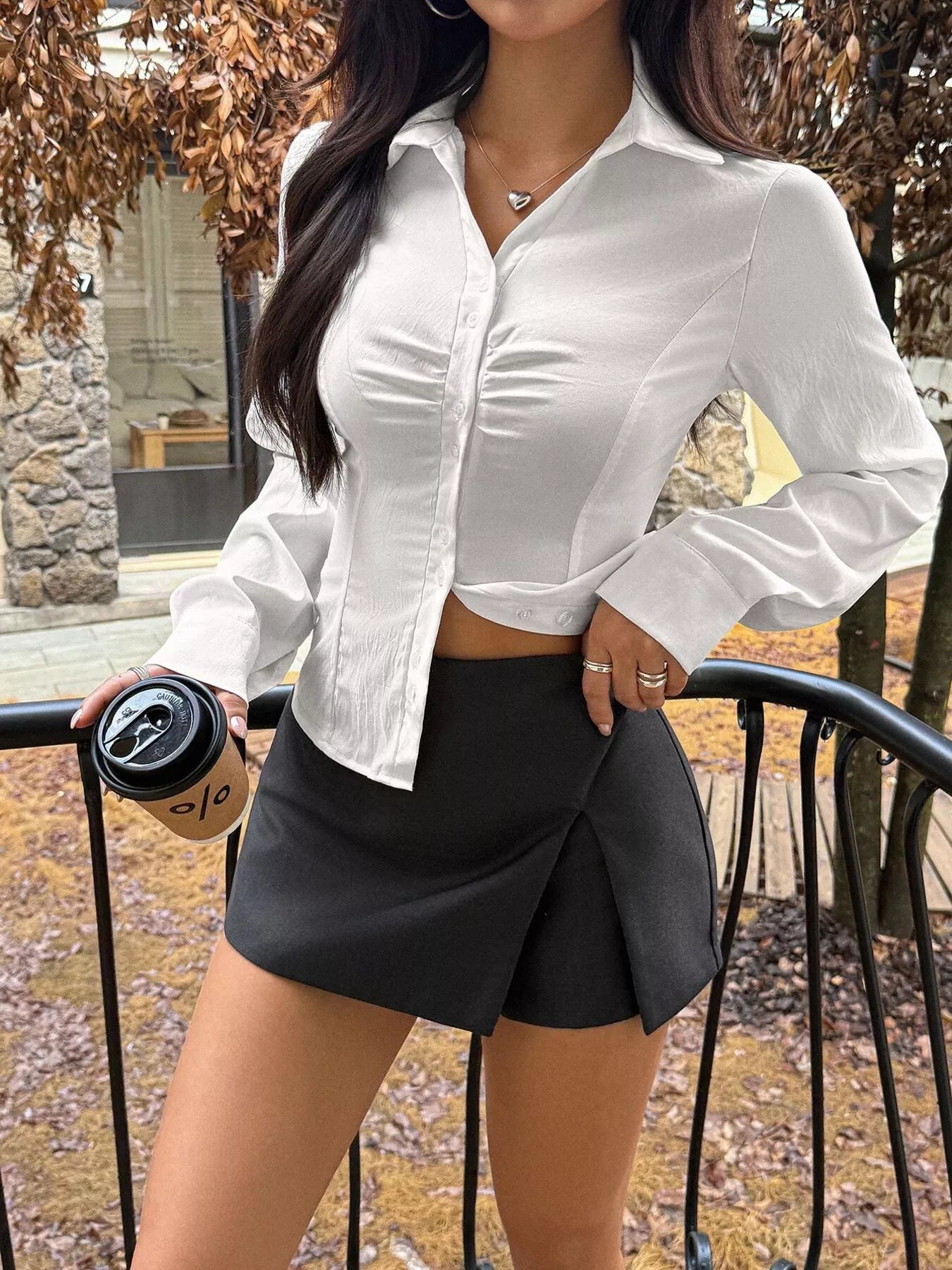 Slim Fit Ruched Front Long Sleeve Shirt