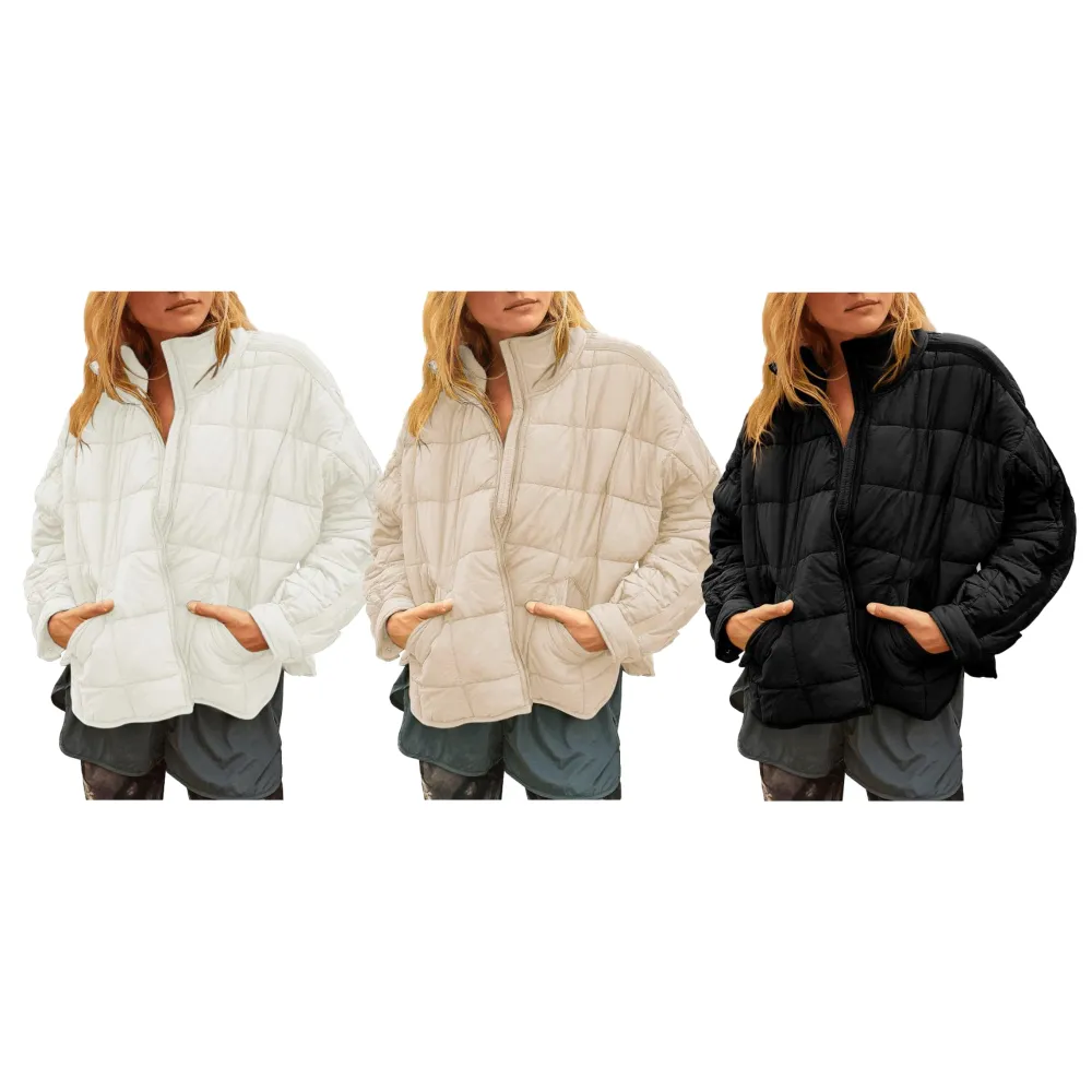 Womens Quilted Puffer Jackets Lightweight Zipper Short Padded Coat With Pockets