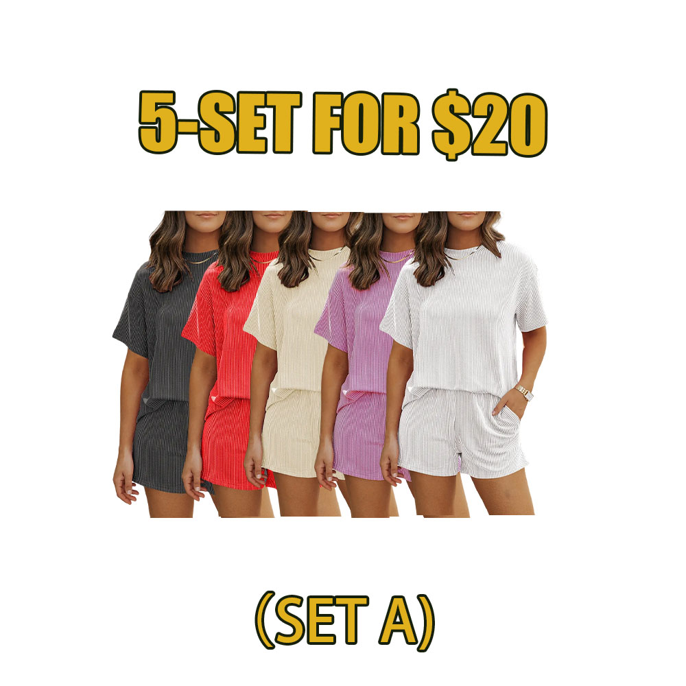 Women's Summer Ribbed 2-Piece Lounge Set – Short Sleeve Top & High-Waist Shorts with Pockets