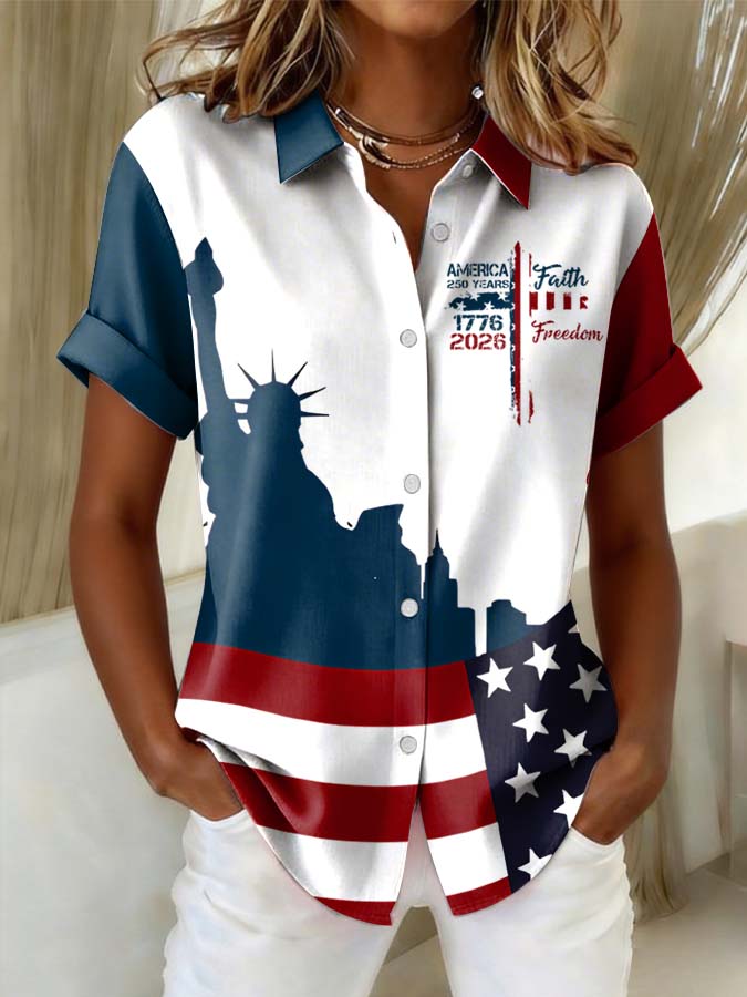 Women'S Independence Day Patriotic American Flag 250Th Anniversary Button Short Sleeve Shirt