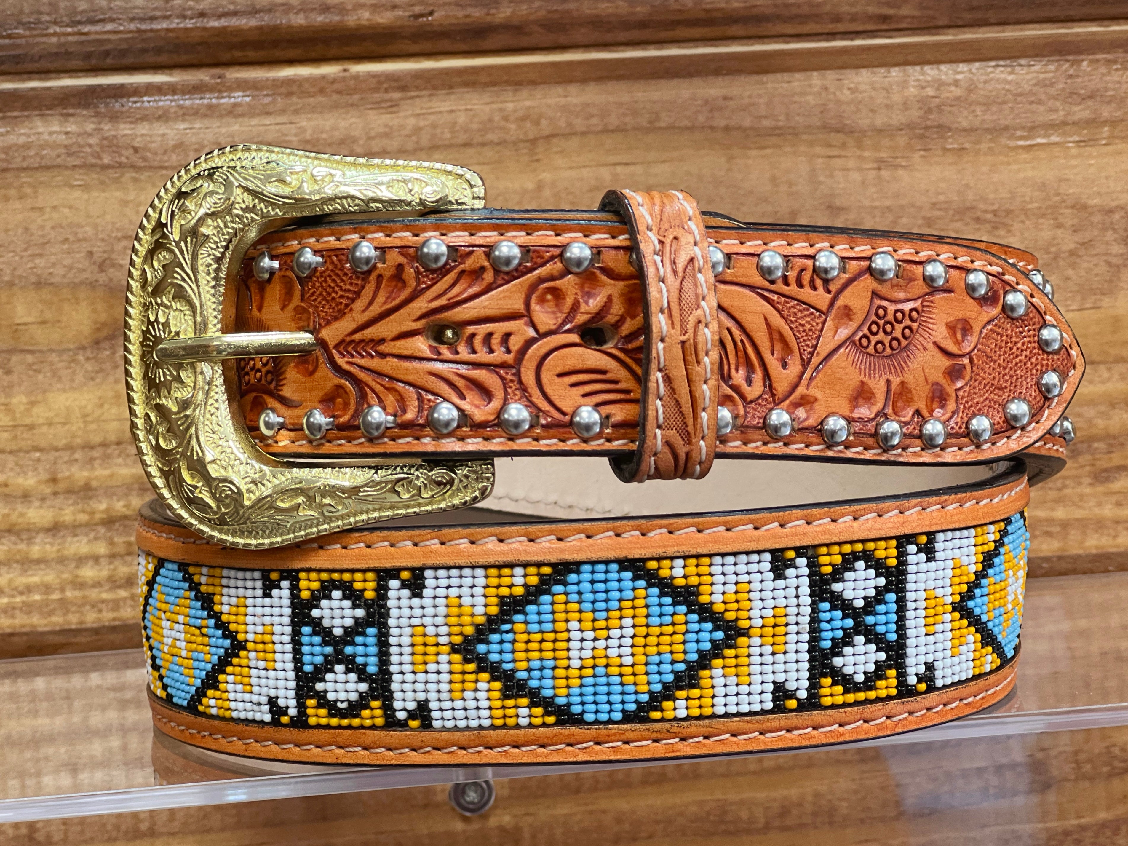 Cognac Hand-Tooled Artesanal Tabs With Silver Studs Blue & Yellow Beaded Leather Belt
