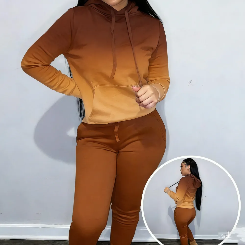 Women's Solid Drawstring Hoodie & Pocket Sweatpants Two-piece Set