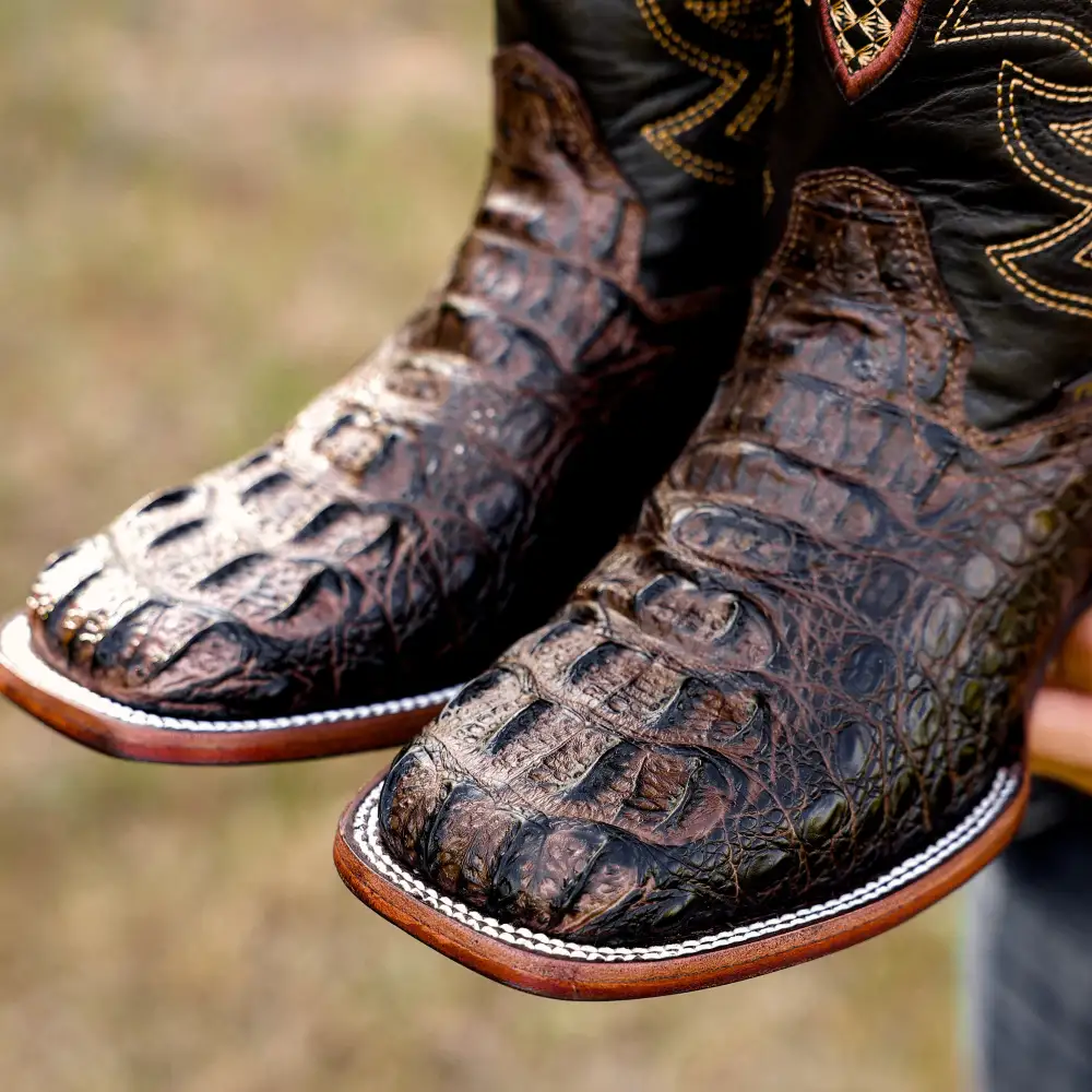 Chocolate Brown Caiman Neck Leather Boots - Square Toe