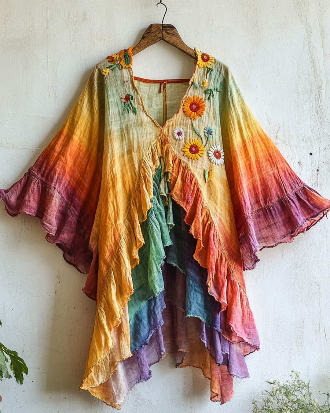 Rainbow Linen Ruffle Daisy Embroidery Irregular Cardigan 7852