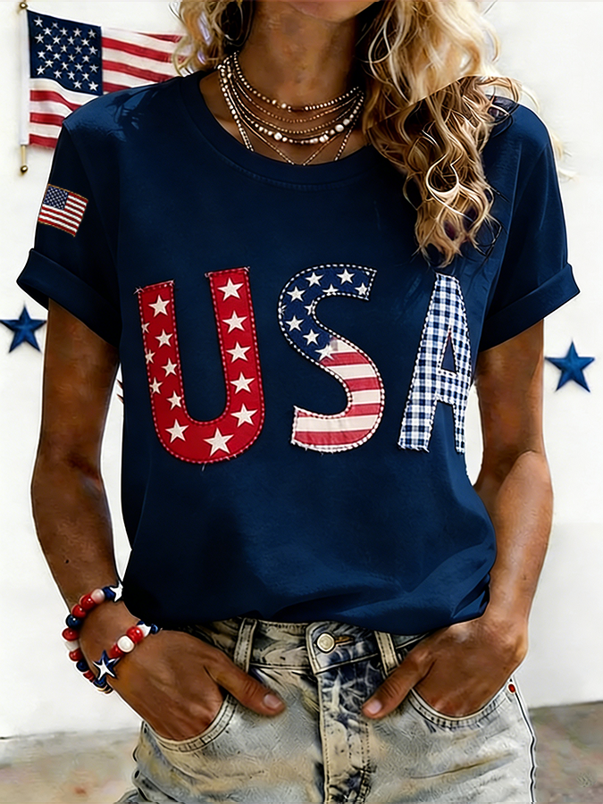 Women's Red American Flag Patch Patriotic Casual T-shirt