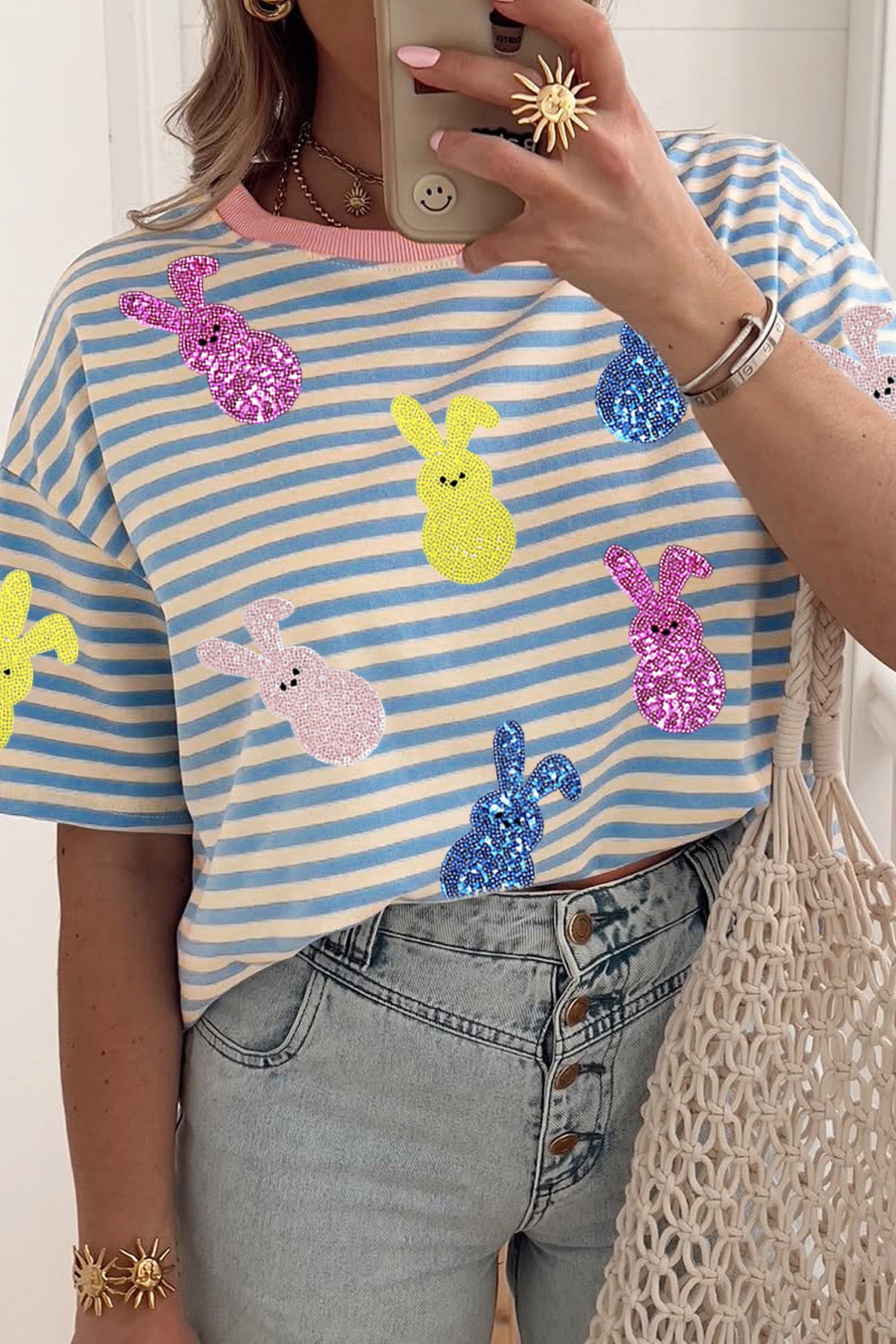 Sky Blue Stripe Sequin Easter Bunny Patched Drop Shoulder Tee