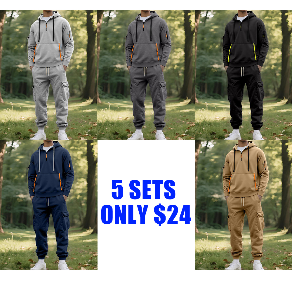 Men’s Hooded Winter Tracksuit Set – Warm Zip Jacket & Cargo Joggers