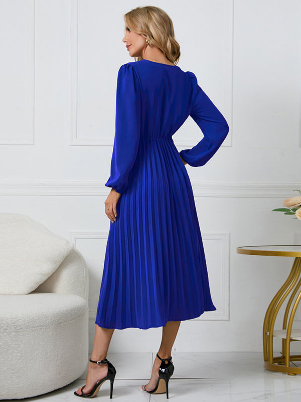 Long Sleeve Slim Pleated Belt V-Neck Dress A-Line Skirt